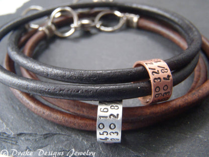 Personalized Leather Bracelet for Men or Women with Custom Coordinates Sterling Silver OR Copper Charms - drake designs jewelry