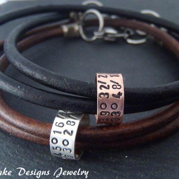 Personalized Leather Bracelet for Men or Women with Custom Coordinates Sterling Silver OR Copper Charms - drake designs jewelry