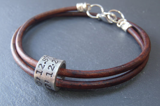 Leather and Sterling Silver Coordinate Bracelet for Men or Women with Personalized Coordinate Charm Hand Stamped