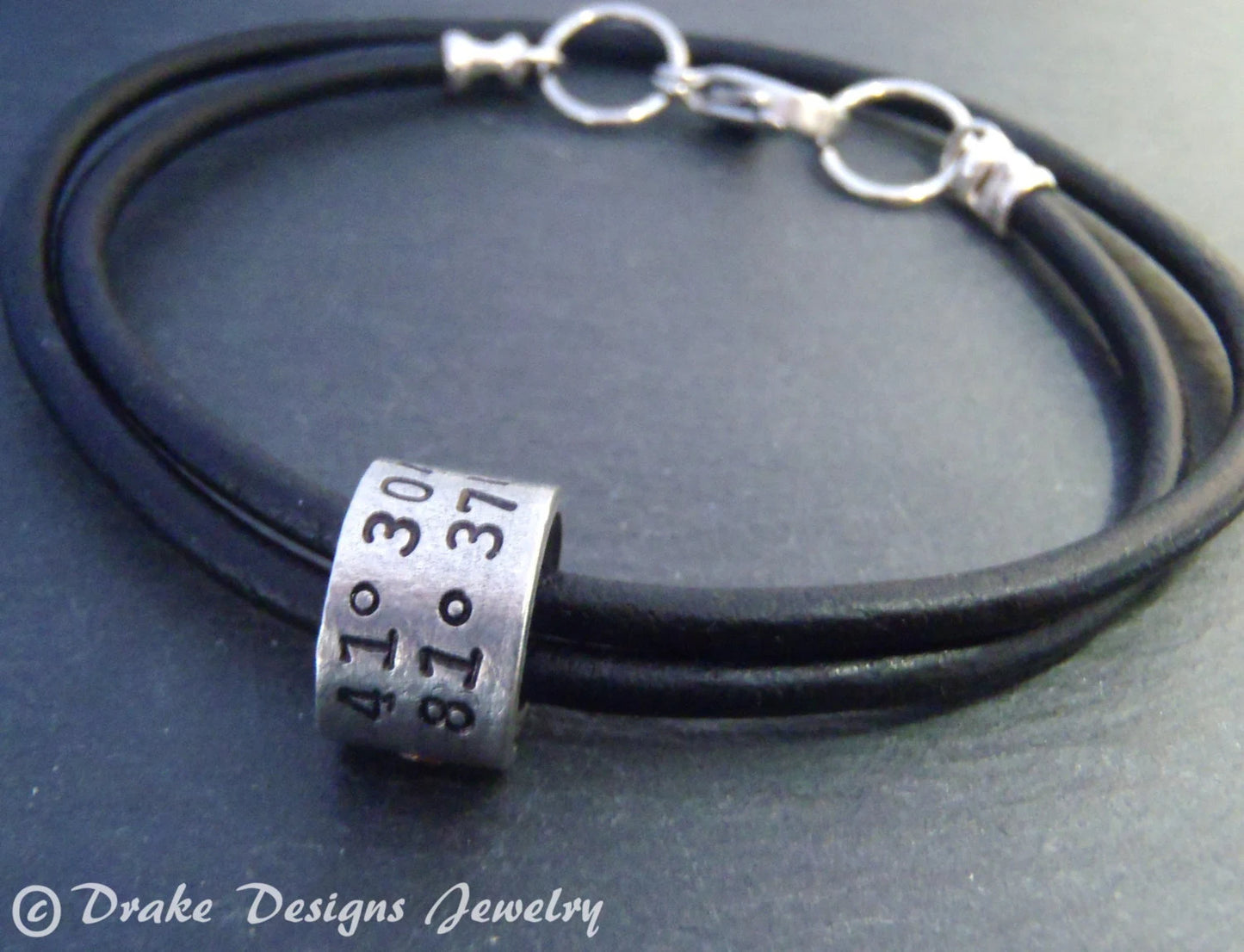 Leather Coordinate Bracelet for Men or Women with Personalized Coordinate Charm Hand Stamped