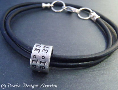 Leather Coordinate Bracelet for Men or Women with Personalized Coordinate Charm Hand Stamped