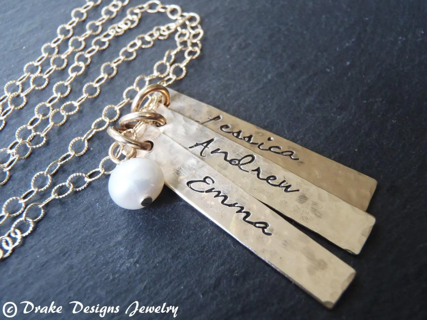 Gold filled Hammered Name Charm Vertical Bar Necklace with Pearl - Personalized Kids Names Mom Jewelry