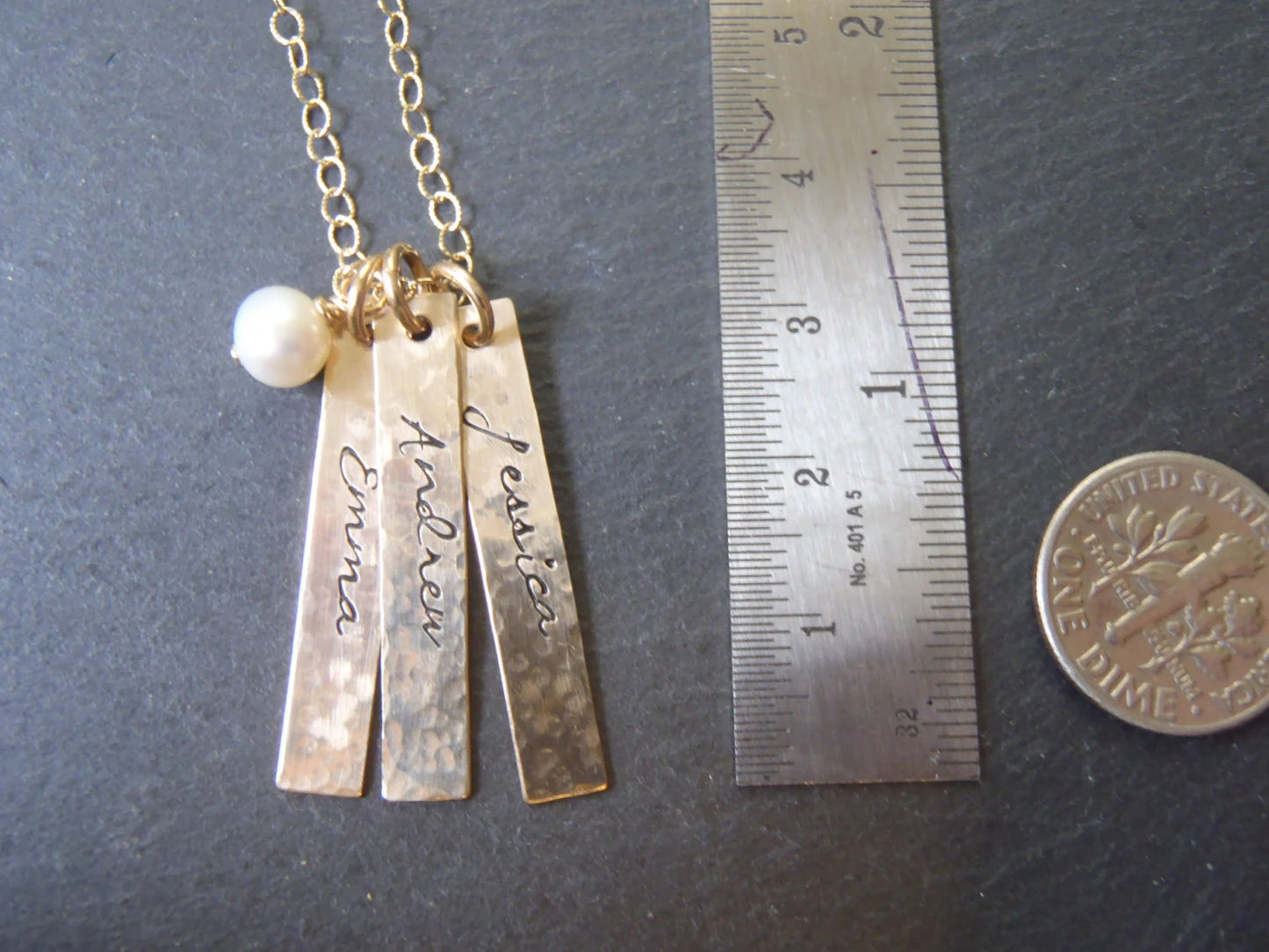 Gold filled Hammered Name Charm Vertical Bar Necklace with Pearl - Personalized Kids Names Mom Jewelry