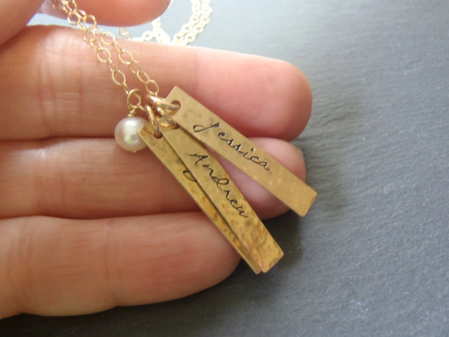 Gold filled Hammered Name Charm Vertical Bar Necklace with Pearl - Personalized Kids Names Mom Jewelry