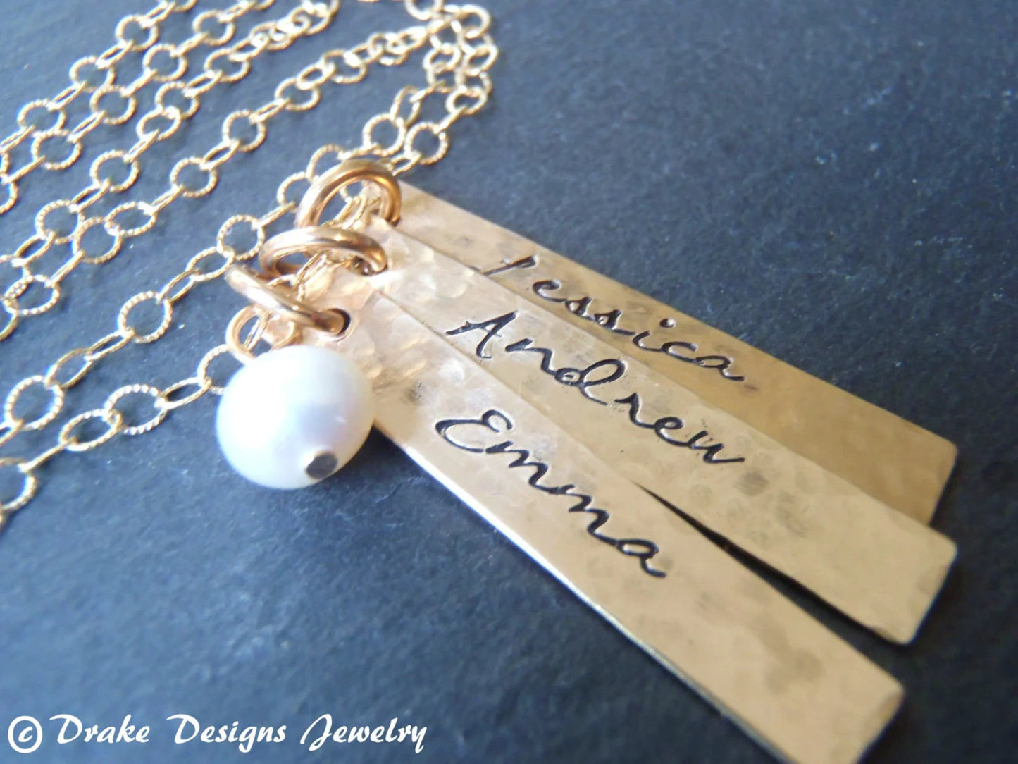 Gold filled Hammered Name Charm Vertical Bar Necklace with Pearl - Personalized Kids Names Mom Jewelry