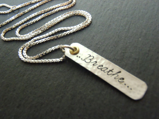Breathe Necklace - Mindfulness - Hammered Sterling Silver with Gold Brass Accent