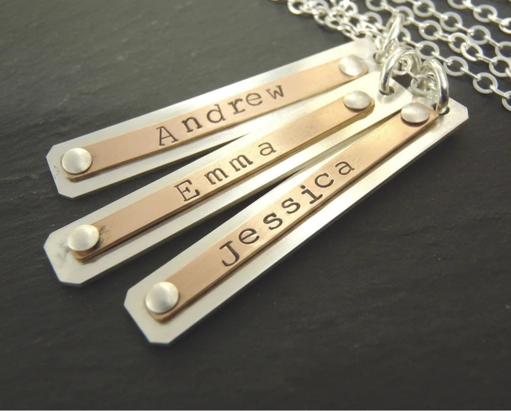 Riveted 14k rose gold fill and sterling silver bar necklace for mom with kids names - drake designs jewelry