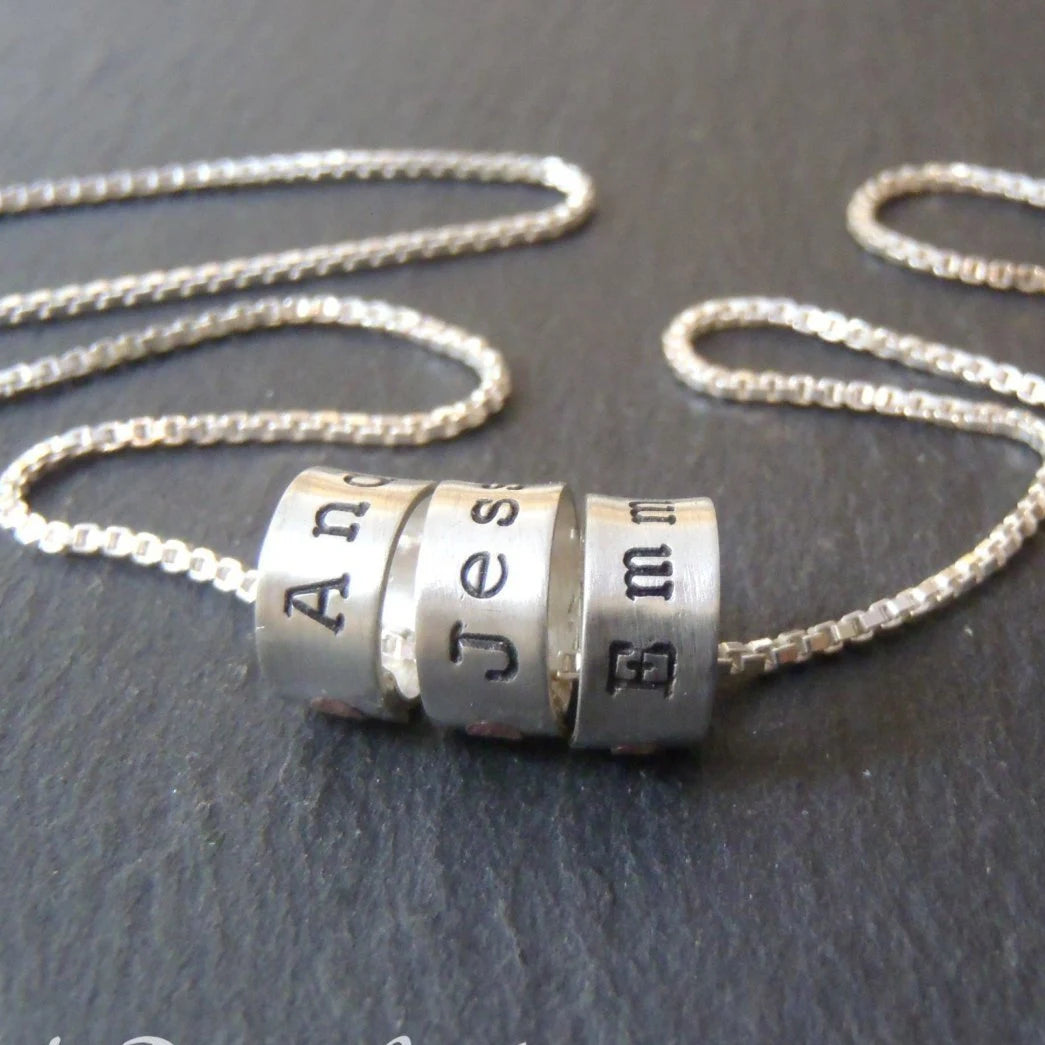 Mom Necklace with Kids Names Personalized on Sterling Silver Ring Name Charms