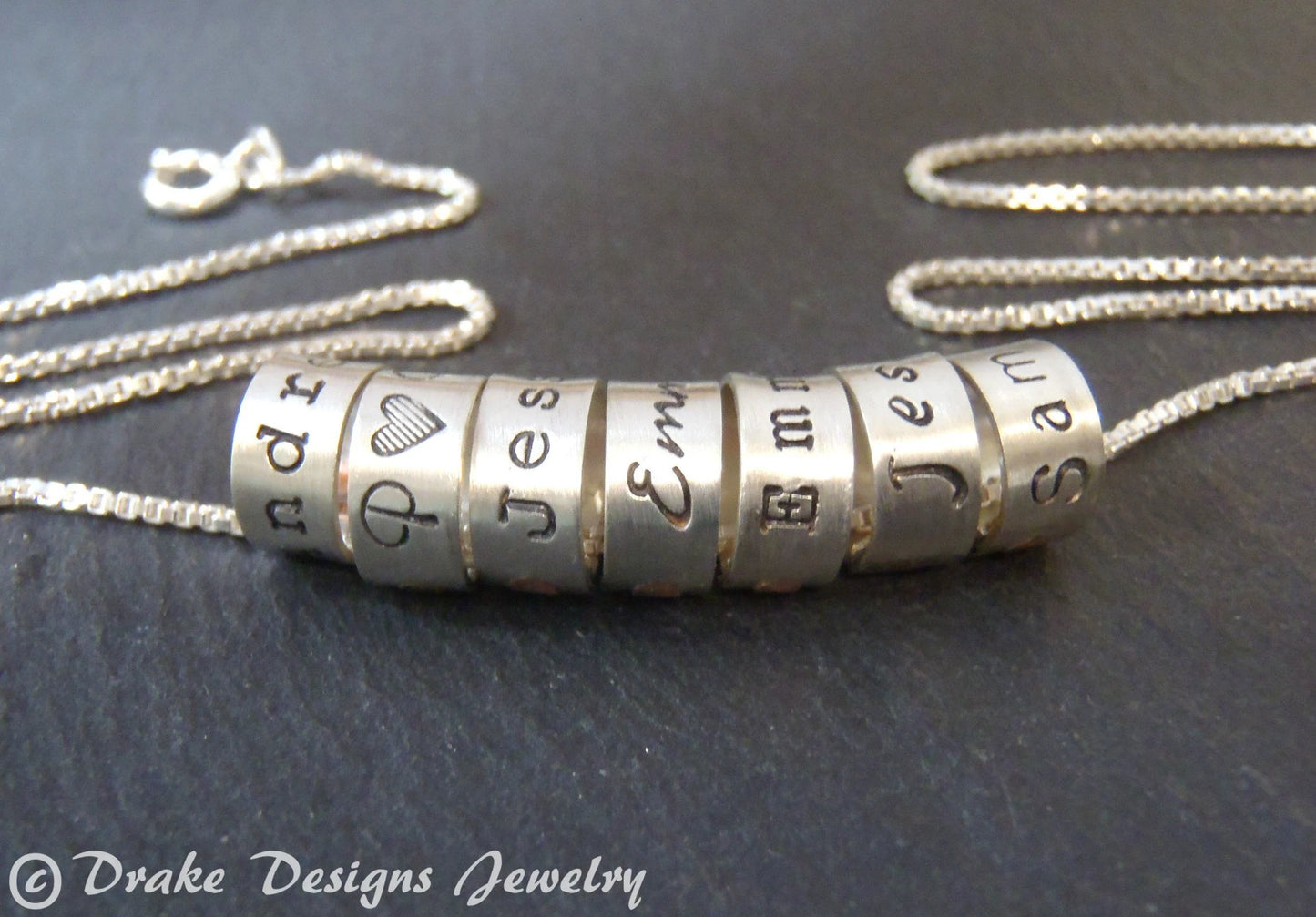 Mom Necklace with Kids Names Personalized on Sterling Silver Ring Name Charms