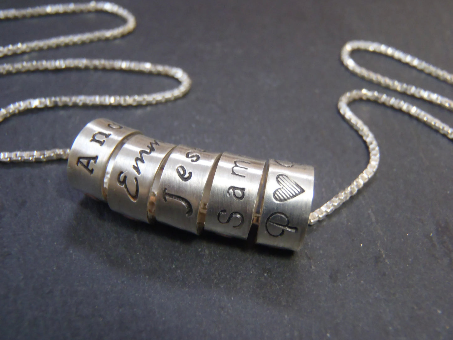 Mom Necklace with Kids Names Personalized on Sterling Silver Ring Name Charms
