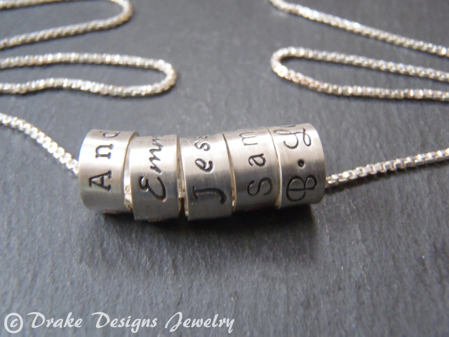 Mom Necklace with Kids Names Personalized on Sterling Silver Ring Name Charms
