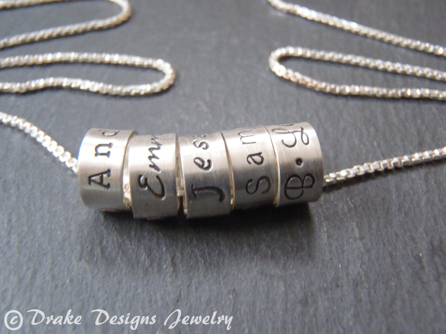 Mom Necklace with Kids Names Personalized on Sterling Silver Ring Name Charms