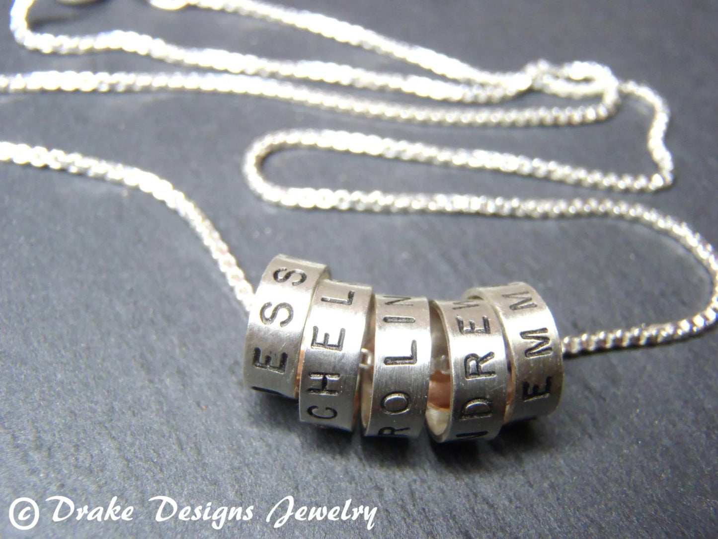Sterling Silver Minimalist Mom Necklace with Kid's Names Personalized - Tiny Ring Charms