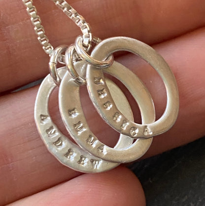 Sterling Silver Mom Necklace with Kids' Names on Organically Shaped Charms - Hand Stamped