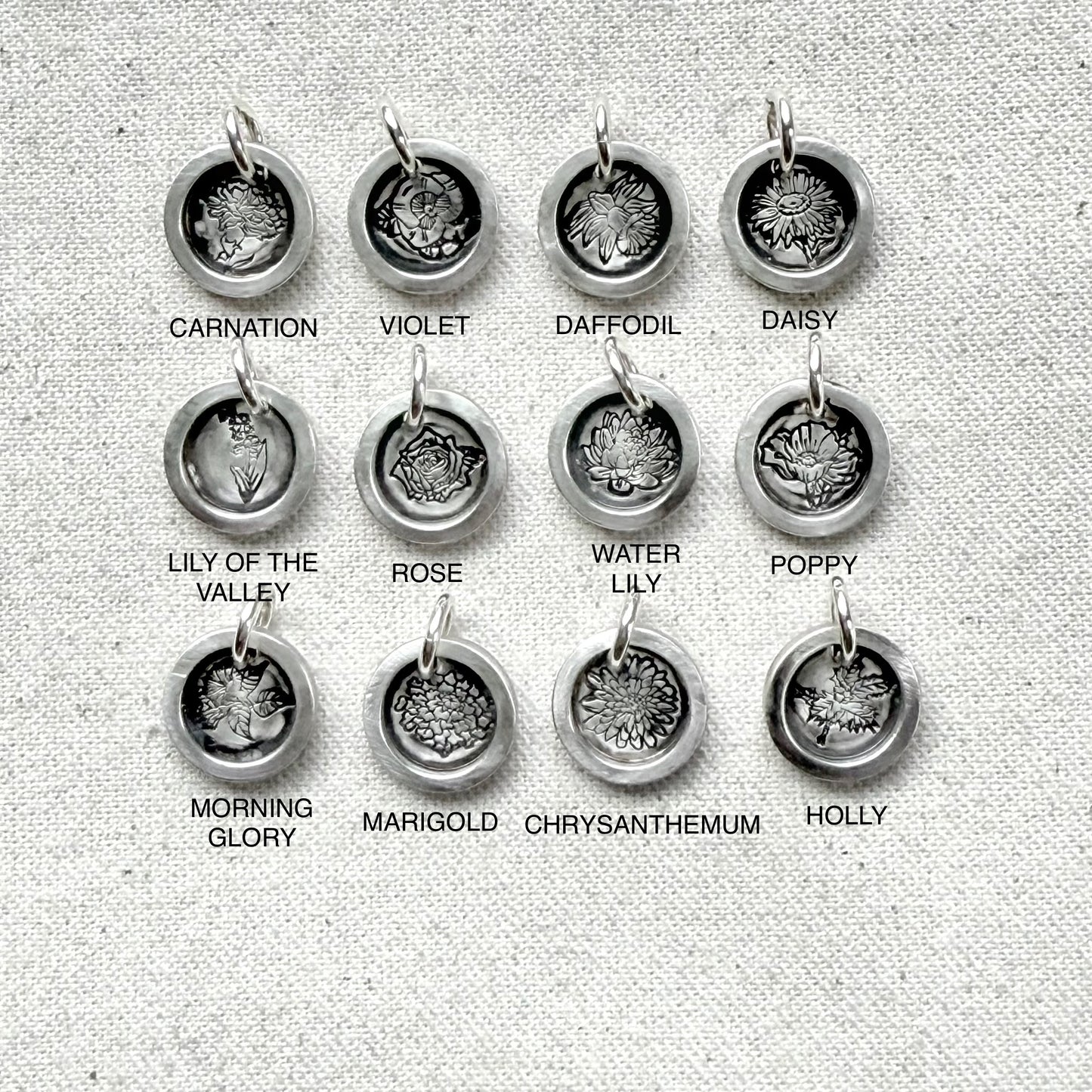 Hand crafted solid sterling silver flower charm - carnation, violet, daffodil, daisy, lily of the valley, rose, water Lilly lotus, poppy, morning glory, chrysanthemum, holly, Drake designs jewelry