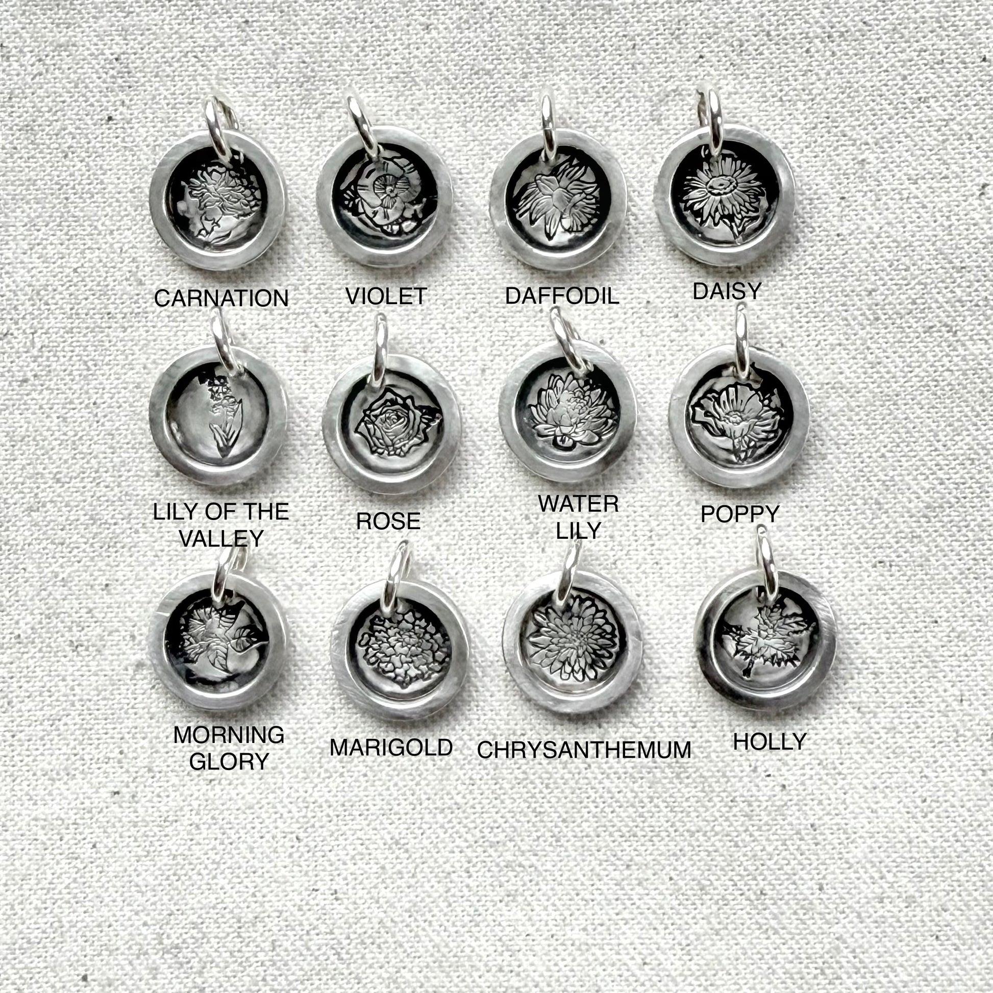 Hand crafted solid sterling silver flower charm - carnation, violet, daffodil, daisy, lily of the valley, rose, water Lilly lotus, poppy, morning glory, chrysanthemum, holly, Drake designs jewelry