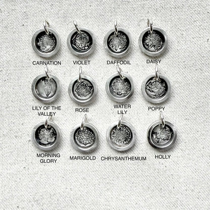 Hand crafted solid sterling silver flower charm - carnation, violet, daffodil, daisy, lily of the valley, rose, water Lilly lotus, poppy, morning glory, chrysanthemum, holly, Drake designs jewelry