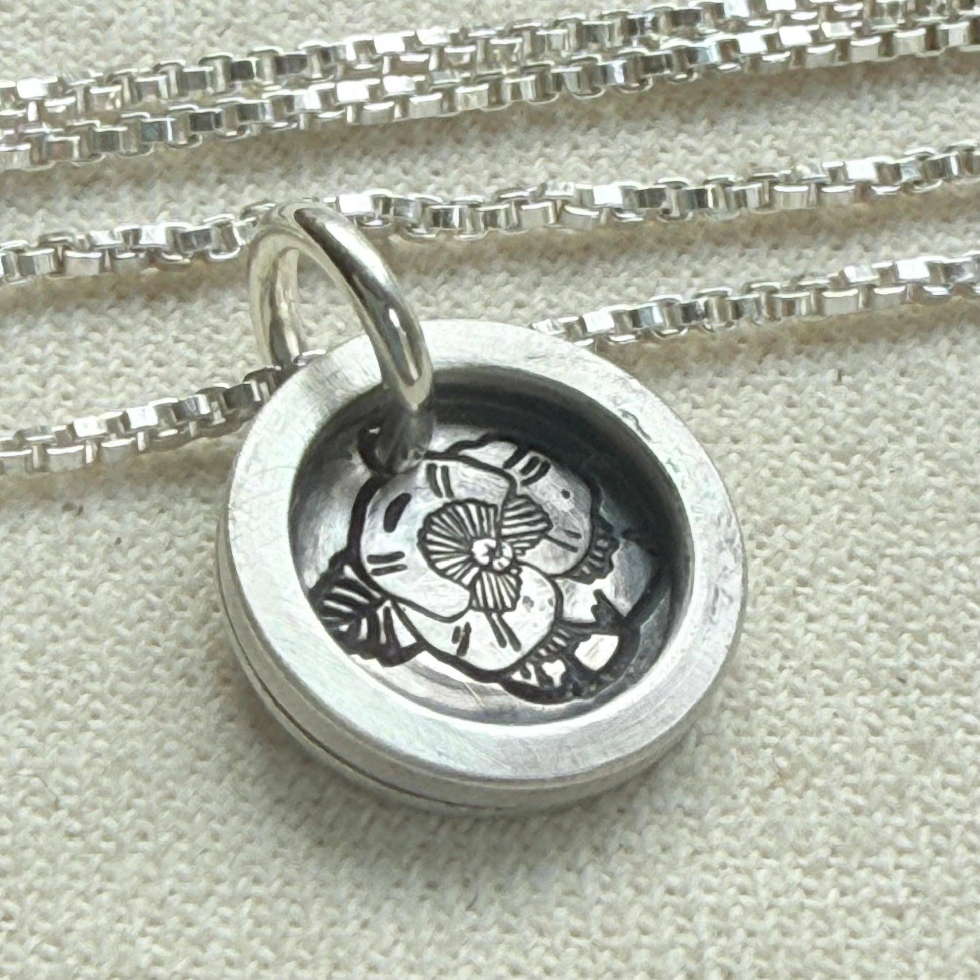 Violet Birth flower sterling silver wax seal style pendant with raised border hand crafted from sterling silver sheet and wire - drake designs jewelry