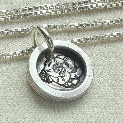 Violet Birth flower sterling silver wax seal style pendant with raised border hand crafted from sterling silver sheet and wire - drake designs jewelry