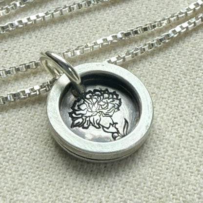 Carnation Birth flower sterling silver necklace with wax seal style pendant with raised border hand crafted from sterling silver sheet and wire - drake designs jewelry