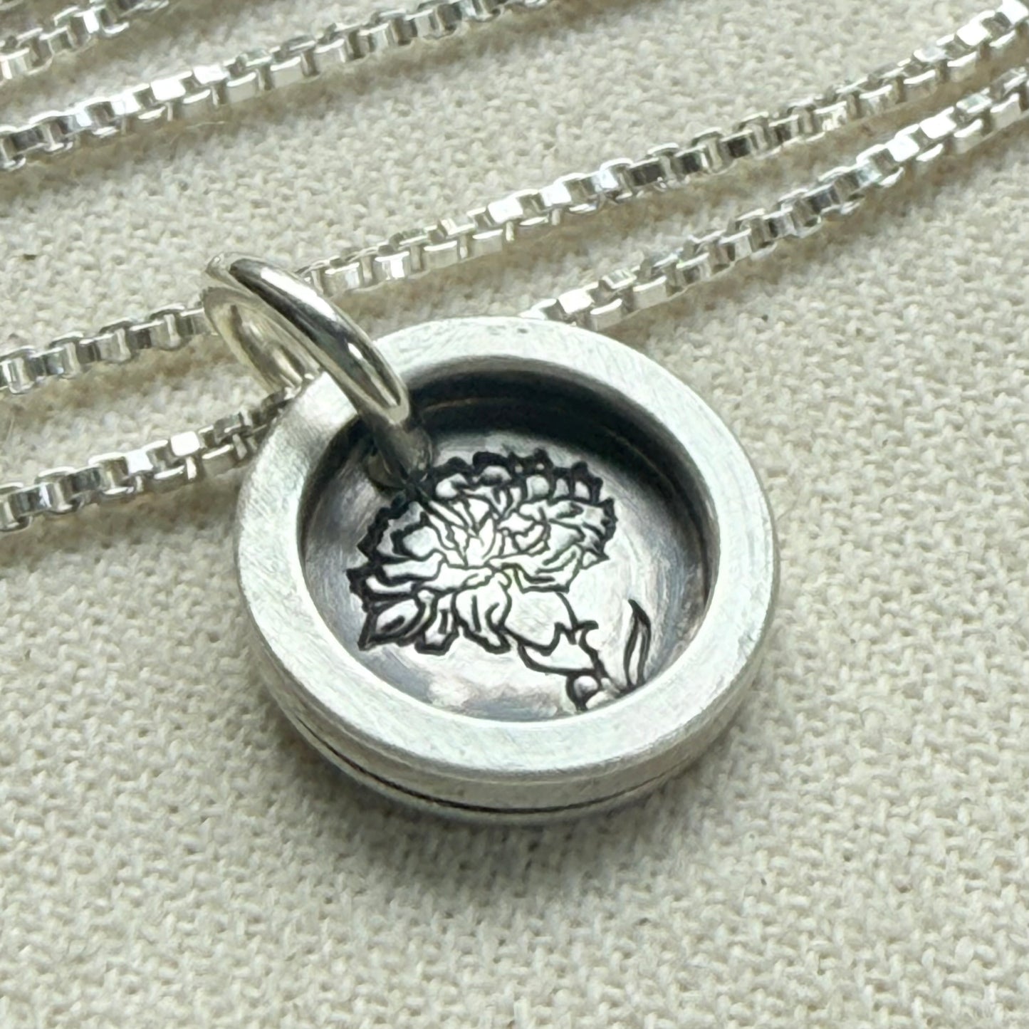 Carnation Birth flower sterling silver necklace with wax seal style pendant with raised border hand crafted from sterling silver - drake designs jewelry