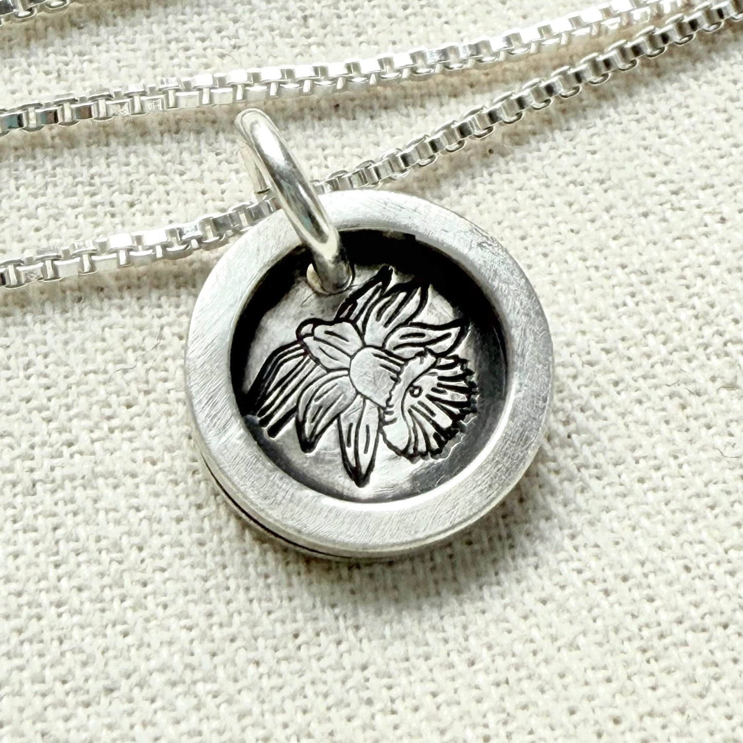 Daffodil Glory Birth flower sterling silver necklace with wax seal style pendant with raised border hand crafted from sterling silver - drake designs jewelry