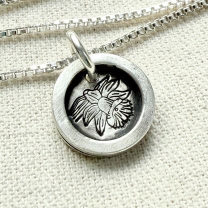 Daffodil Glory Birth flower sterling silver necklace with wax seal style pendant with raised border hand crafted from sterling silver - drake designs jewelry