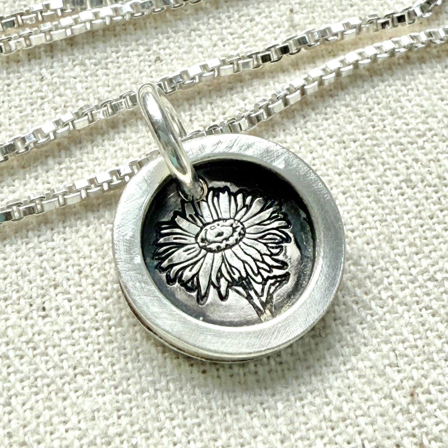 Daisy Birth flower sterling silver necklace with wax seal style pendant with raised border hand crafted from sterling silver - drake designs jewelry