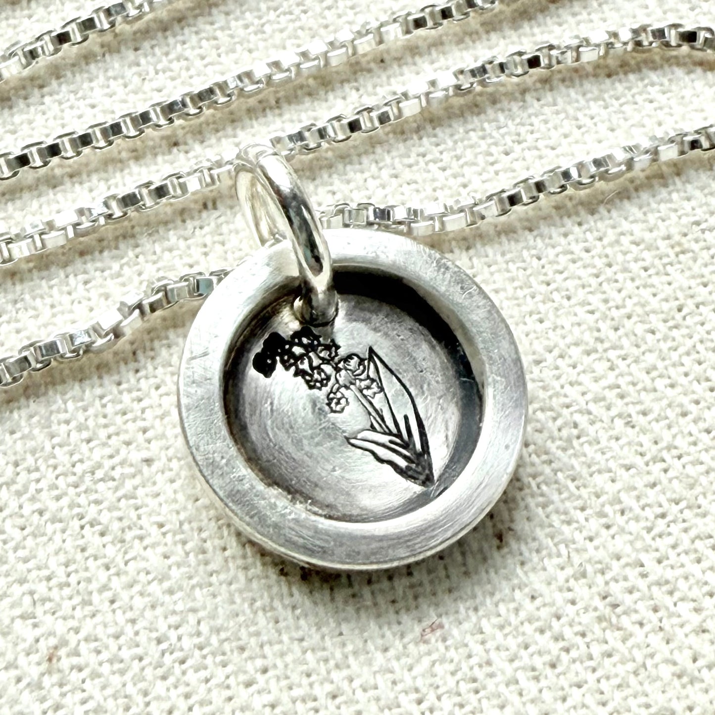 Lily of the Valley Birth flower sterling silver necklace with wax seal style pendant with raised border hand crafted from sterling silver - drake designs jewelry
