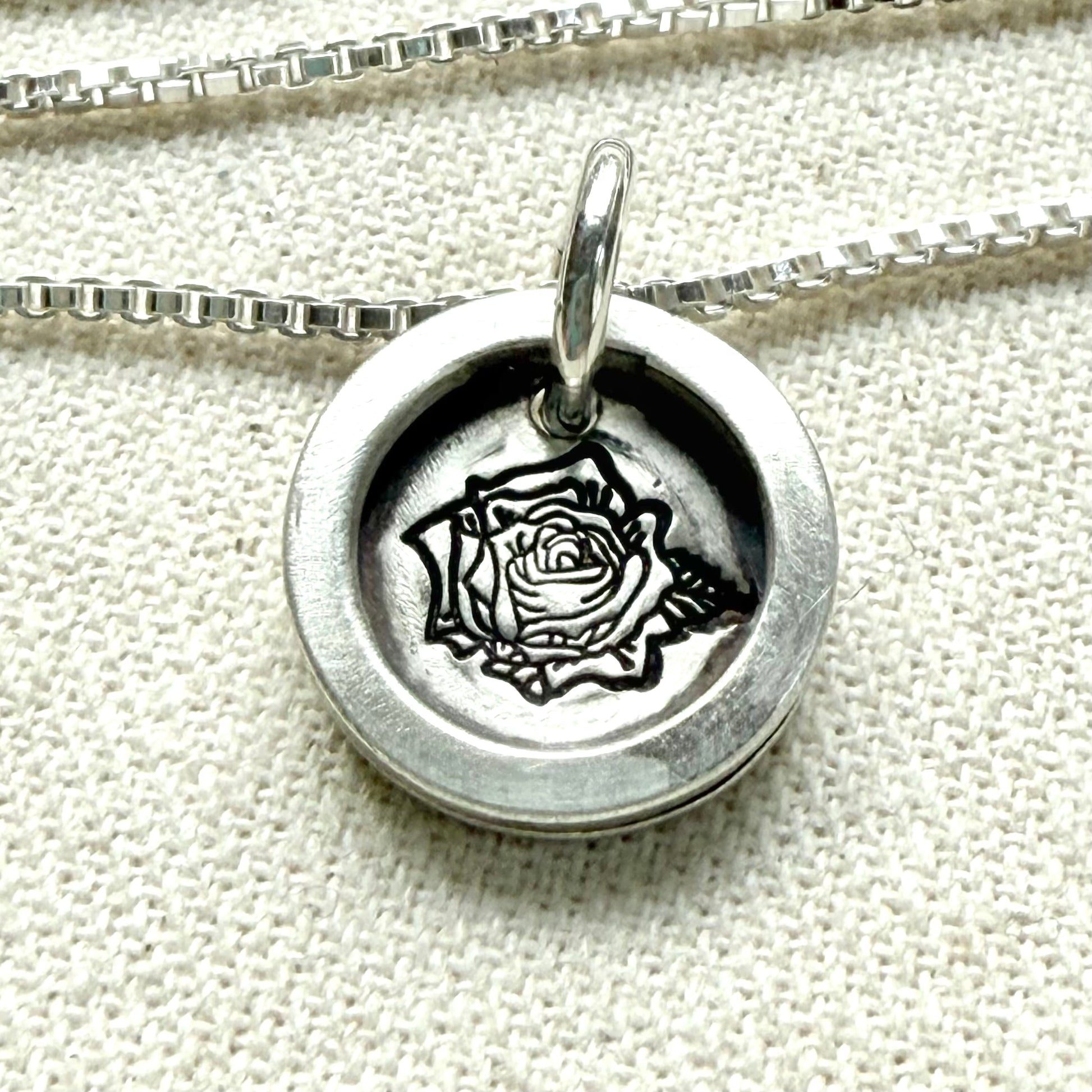 Rose Birth flower sterling silver necklace with wax seal style pendant with raised border hand crafted from sterling silver - drake designs jewelry