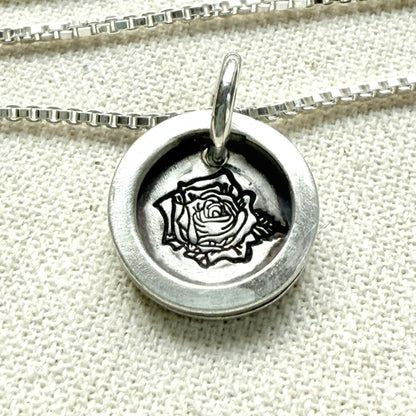 Rose Birth flower sterling silver necklace with wax seal style pendant with raised border hand crafted from sterling silver - drake designs jewelry