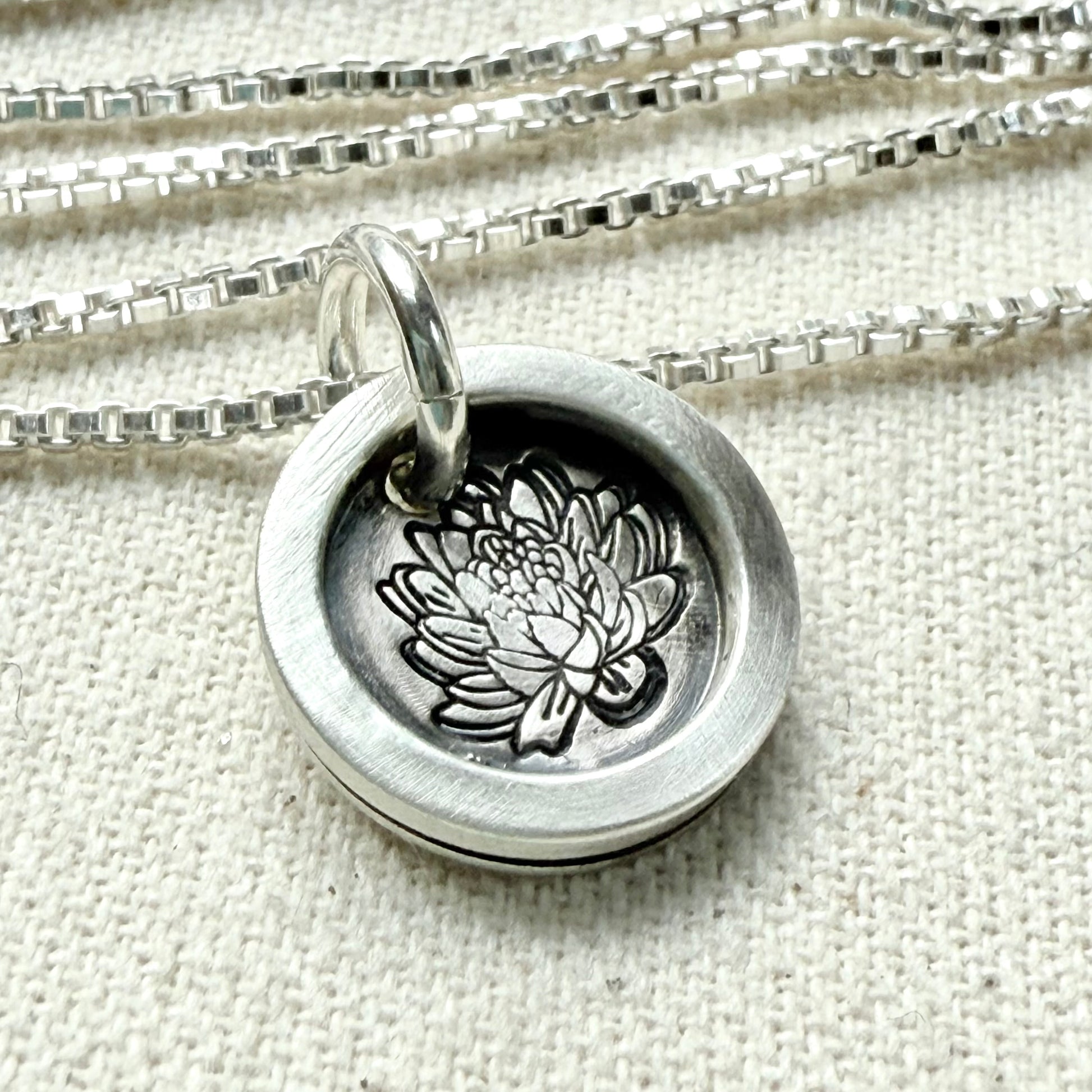 Waterl Lily Birth flower sterling silver necklace with wax seal style pendant with raised border hand crafted from sterling silver lotus flower jewelry- drake designs jewelry