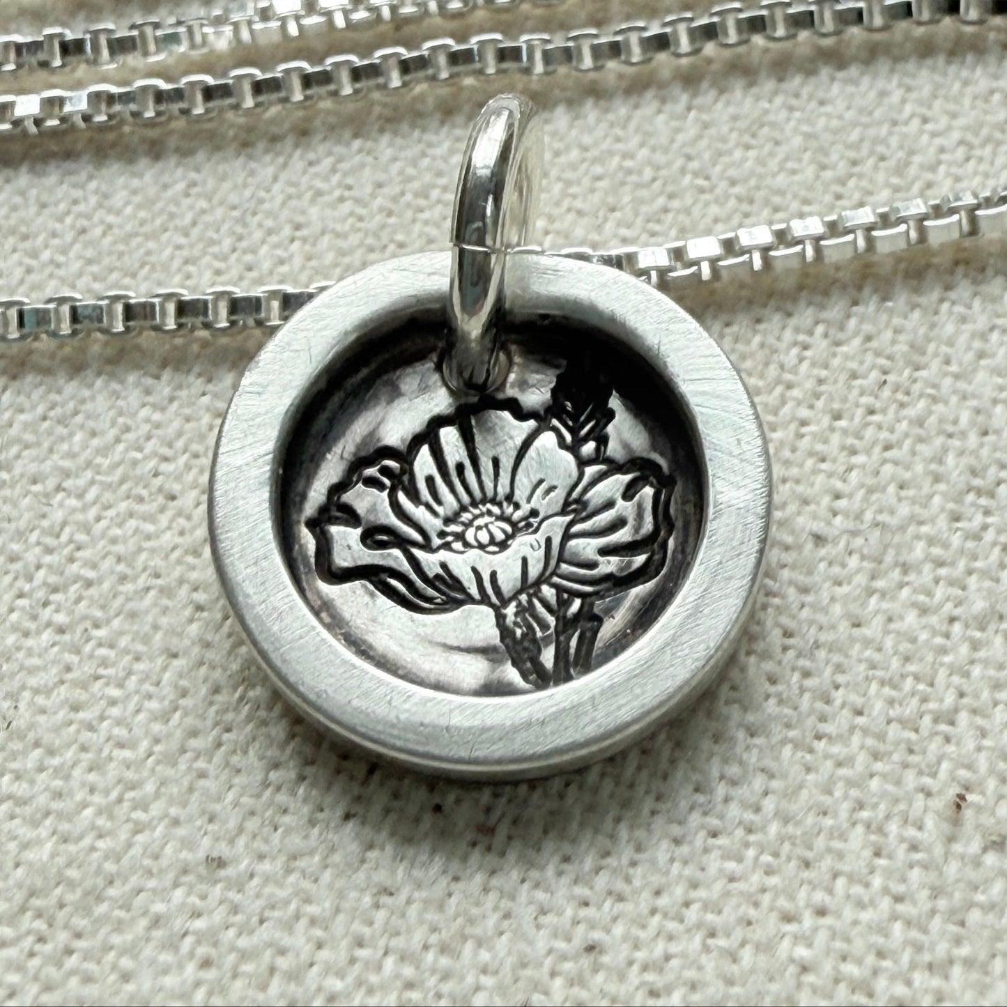 Poppy birth flower necklace sterling silver wax seal style pendant with raised border hand crafted from sterling silver- drake designs jewelry