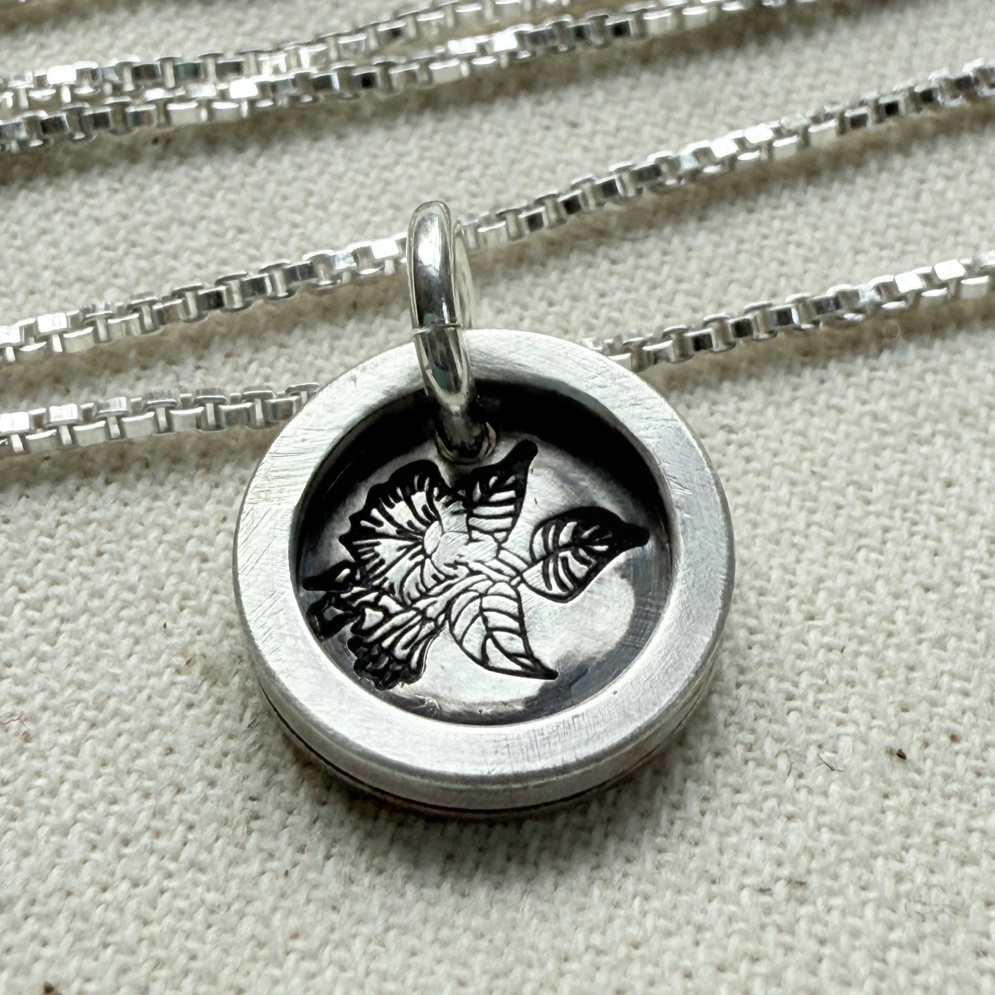 Morning Glory Birth flower sterling silver necklace with wax seal style pendant with raised border hand crafted from sterling silver - drake designs jewelry