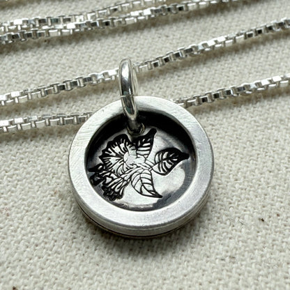 Morning Glory Birth flower sterling silver necklace with wax seal style pendant with raised border hand crafted from sterling silver - drake designs jewelry