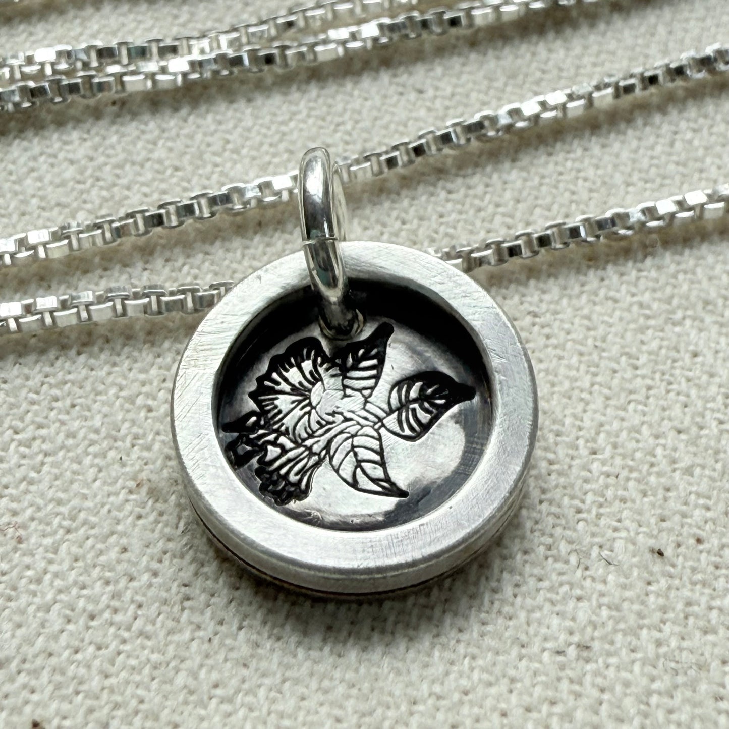Morning Glory Birth flower sterling silver necklace with wax seal style pendant with raised border hand crafted from sterling silver - drake designs jewelry