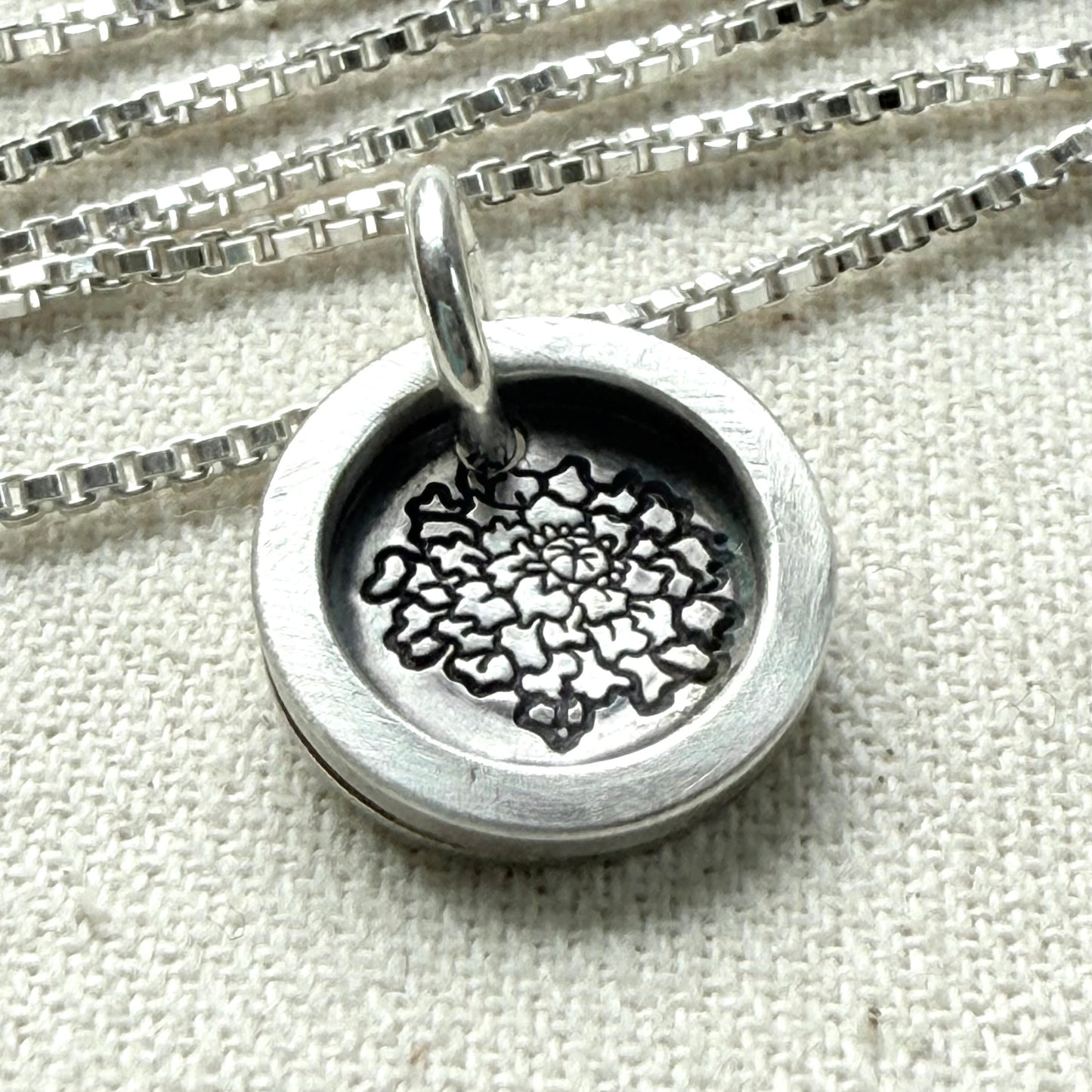 Marigold Birth flower sterling silver necklace with wax seal style pendant with raised border hand crafted from sterling silver - drake designs jewelry