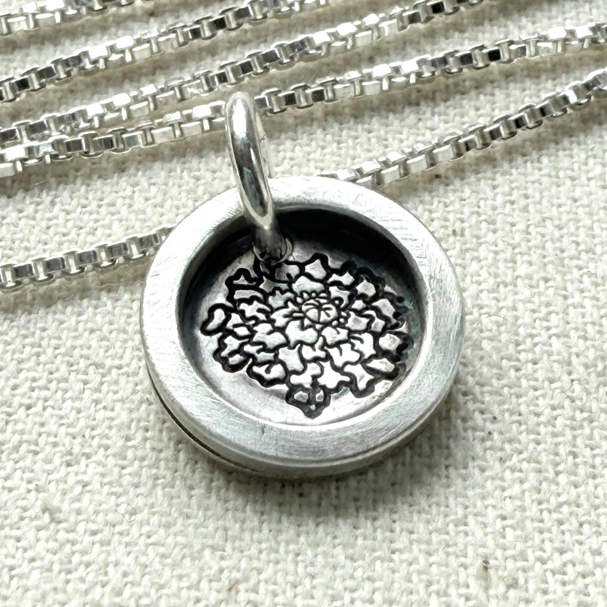 Marigold Birth flower sterling silver necklace with wax seal style pendant with raised border hand crafted from sterling silver - drake designs jewelry