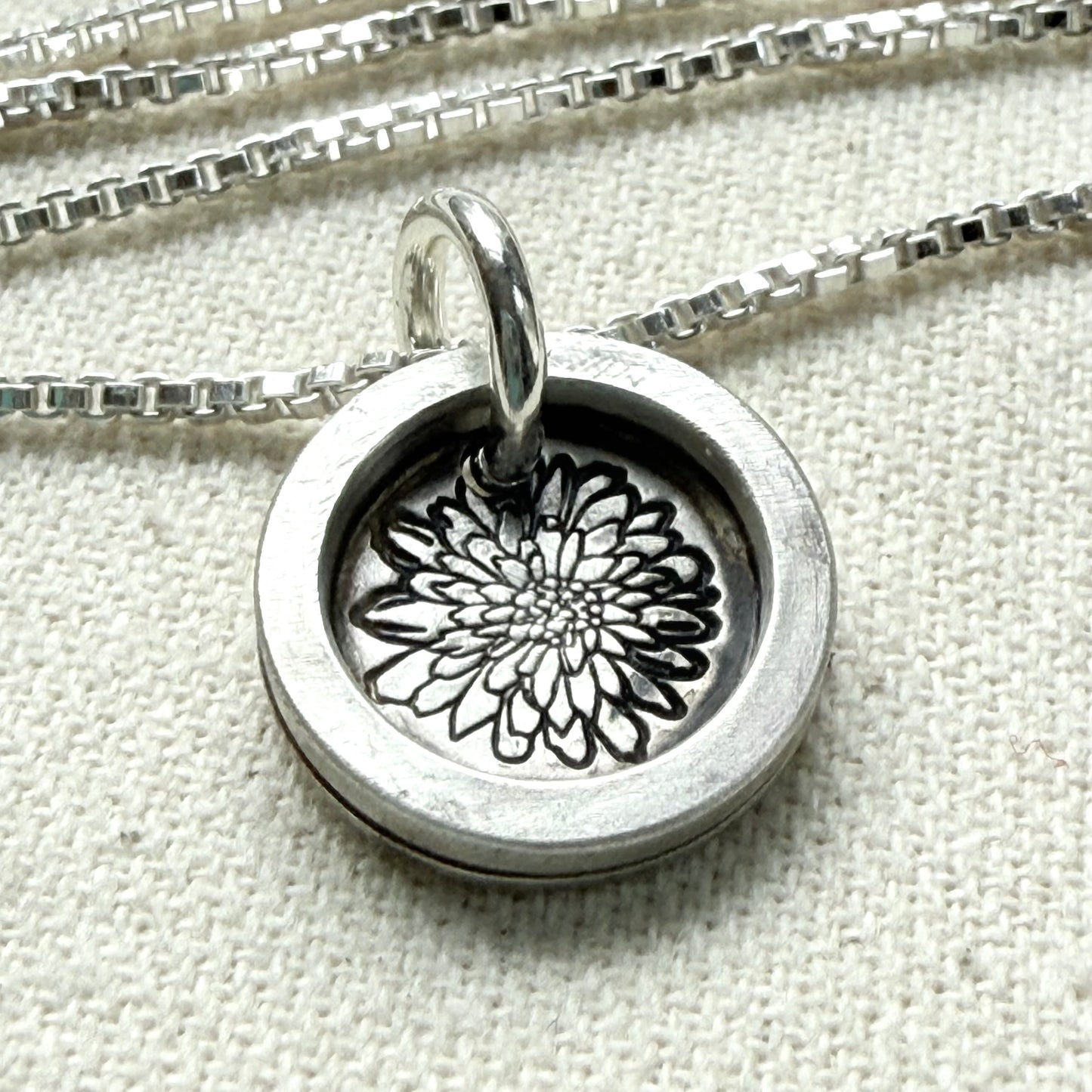 Chrysanthemum Birth flower sterling silver necklace with wax seal style pendant with raised border hand crafted from sterling silver - drake designs jewelry