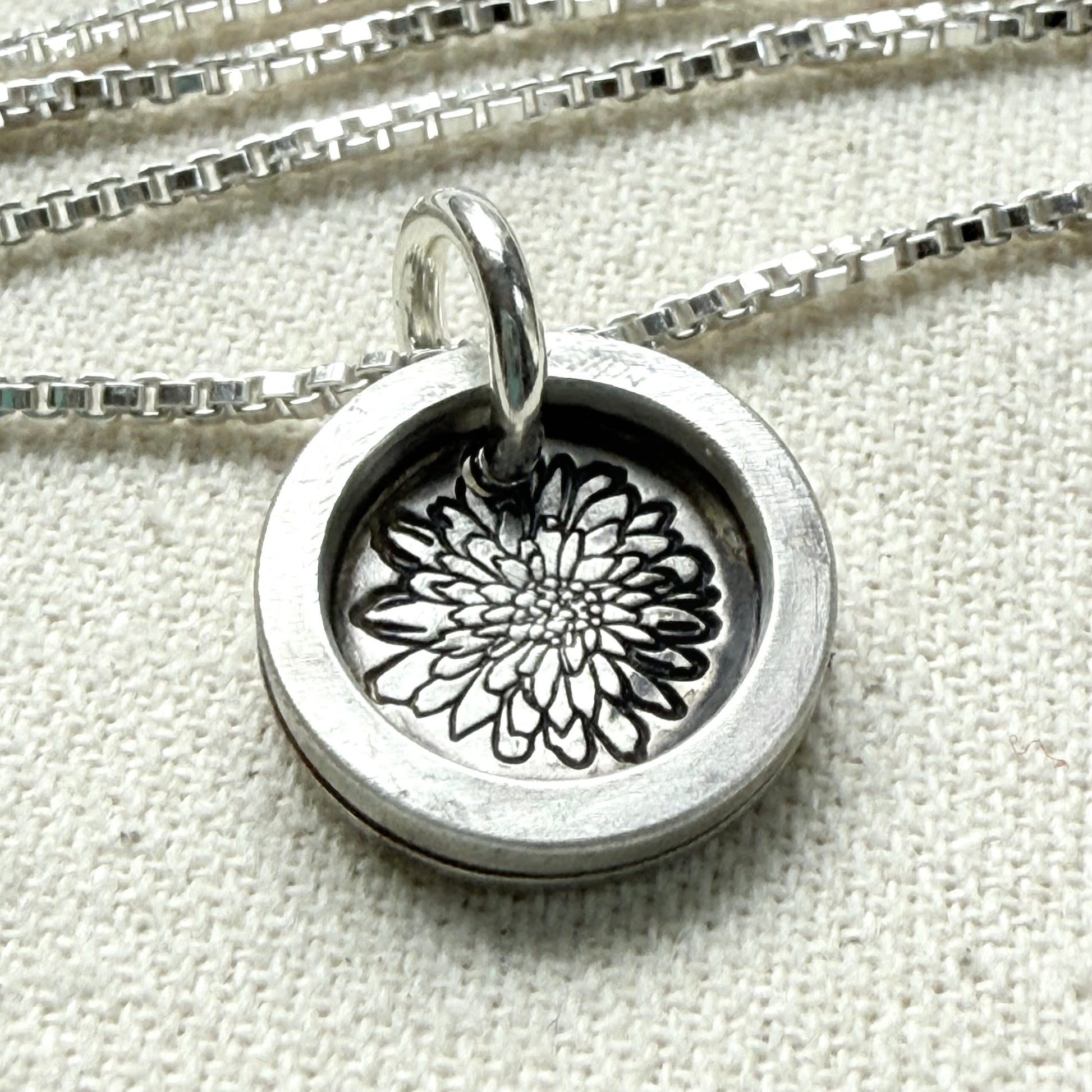 Chrysanthemum Birth flower sterling silver necklace with wax seal style pendant with raised border hand crafted from sterling silver - drake designs jewelry