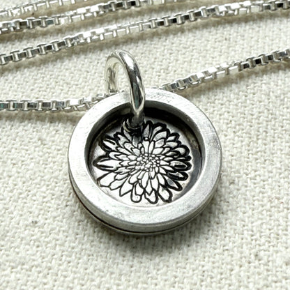 Chrysanthemum Birth flower sterling silver necklace with wax seal style pendant with raised border hand crafted from sterling silver - drake designs jewelry