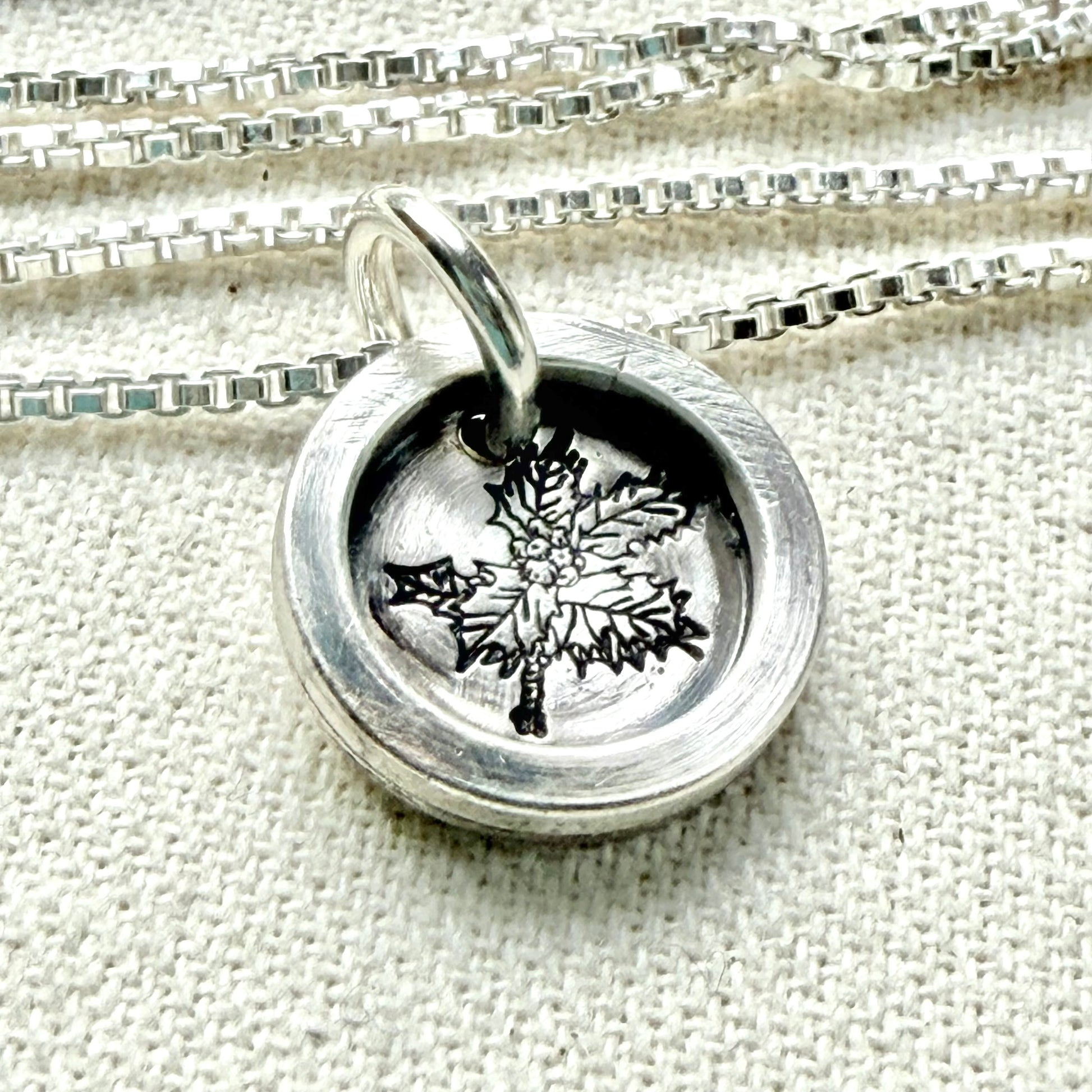 Holly Birth flower sterling silver necklace with wax seal style pendant with raised border hand crafted from sterling silver - drake designs jewelry