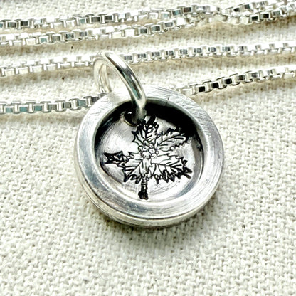 Holly Birth flower sterling silver necklace with wax seal style pendant with raised border hand crafted from sterling silver - drake designs jewelry