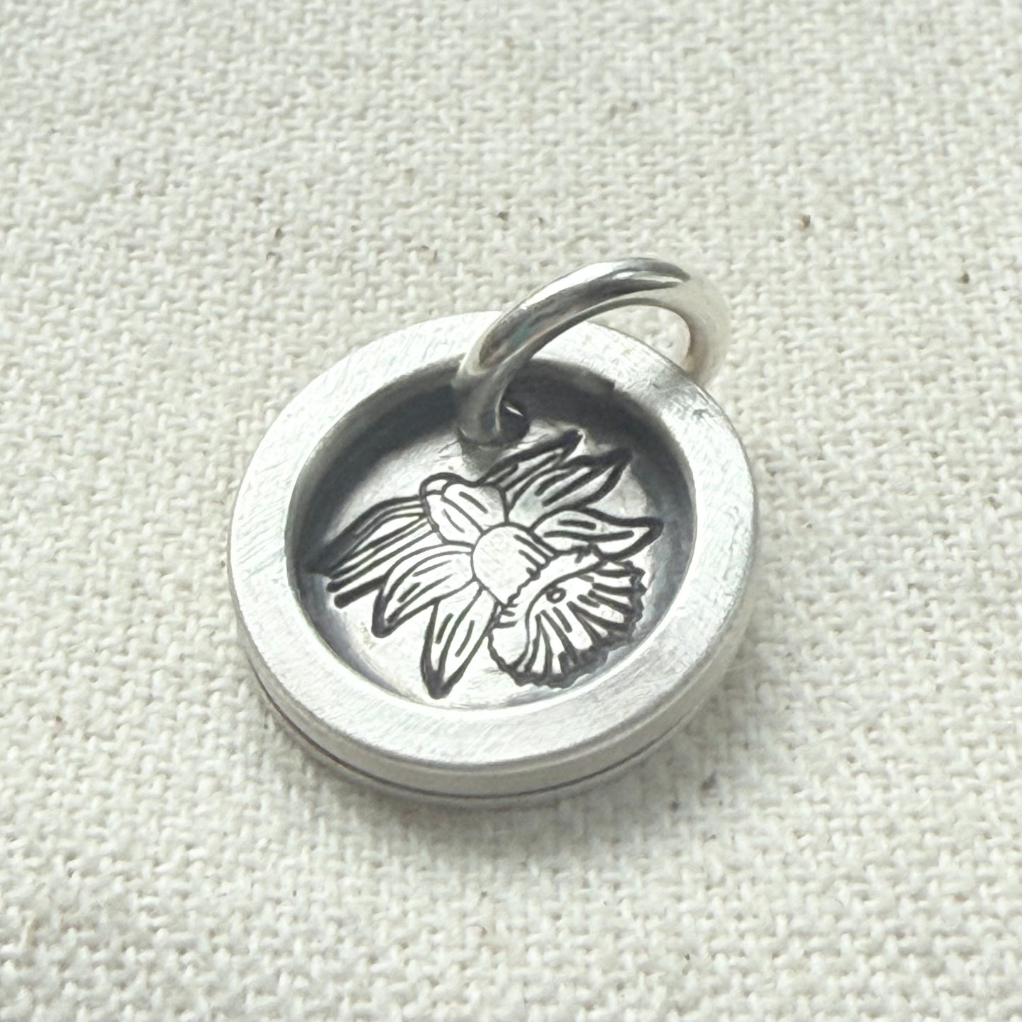 Daffodil Birth flower sterling silver wax seal style pendant with raised border hand crafted from sterling silver sheet and wire - drake designs jewelry