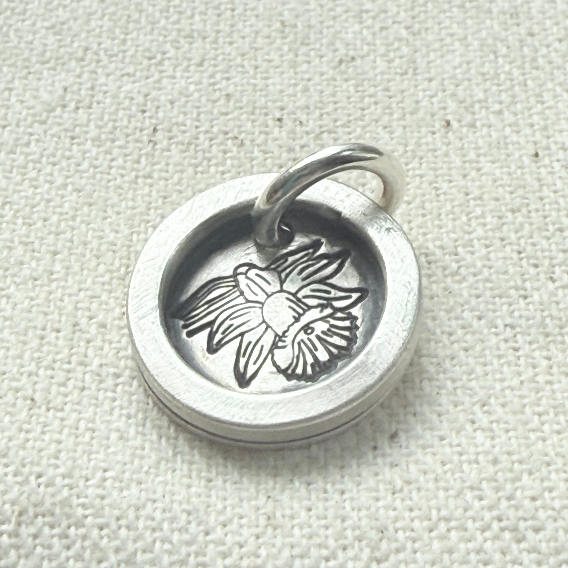 Daffodil Birth flower sterling silver wax seal style pendant with raised border hand crafted from sterling silver sheet and wire - drake designs jewelry