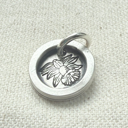 Daffodil Birth flower sterling silver wax seal style pendant with raised border hand crafted from sterling silver sheet and wire - drake designs jewelry