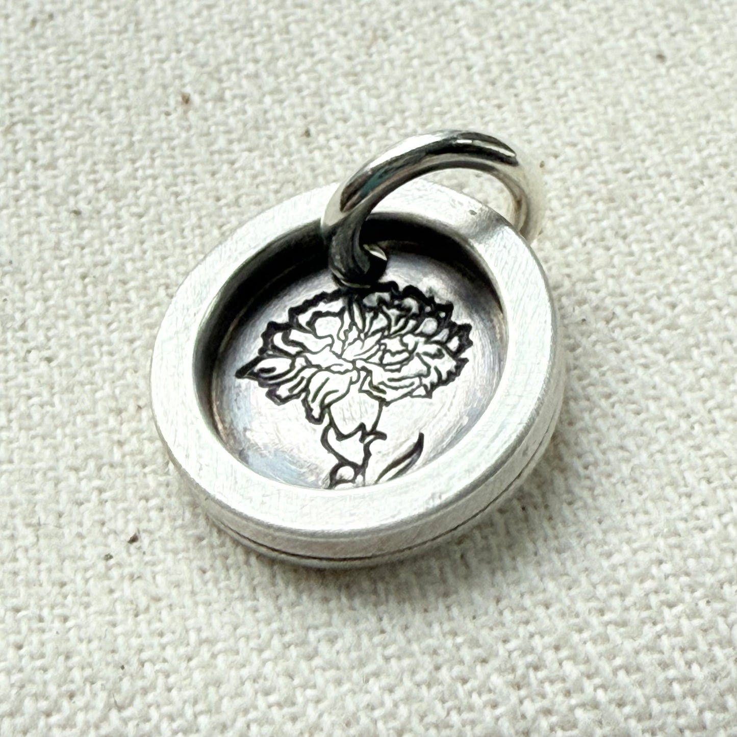 Carnation Birth flower sterling silver wax seal style pendant with raised border hand crafted from sterling silver sheet and wire - drake designs jewelry