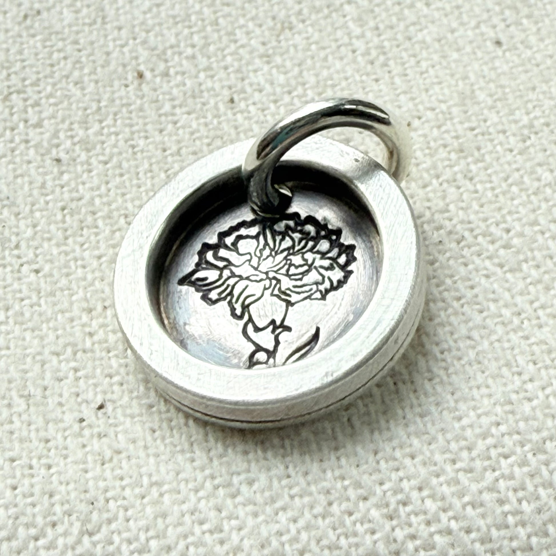 Carnation Birth flower sterling silver wax seal style pendant with raised border hand crafted from sterling silver sheet and wire - drake designs jewelry