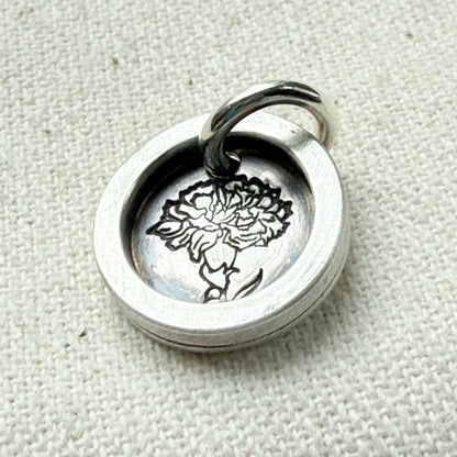Carnation Birth flower sterling silver wax seal style pendant with raised border hand crafted from sterling silver sheet and wire - drake designs jewelry