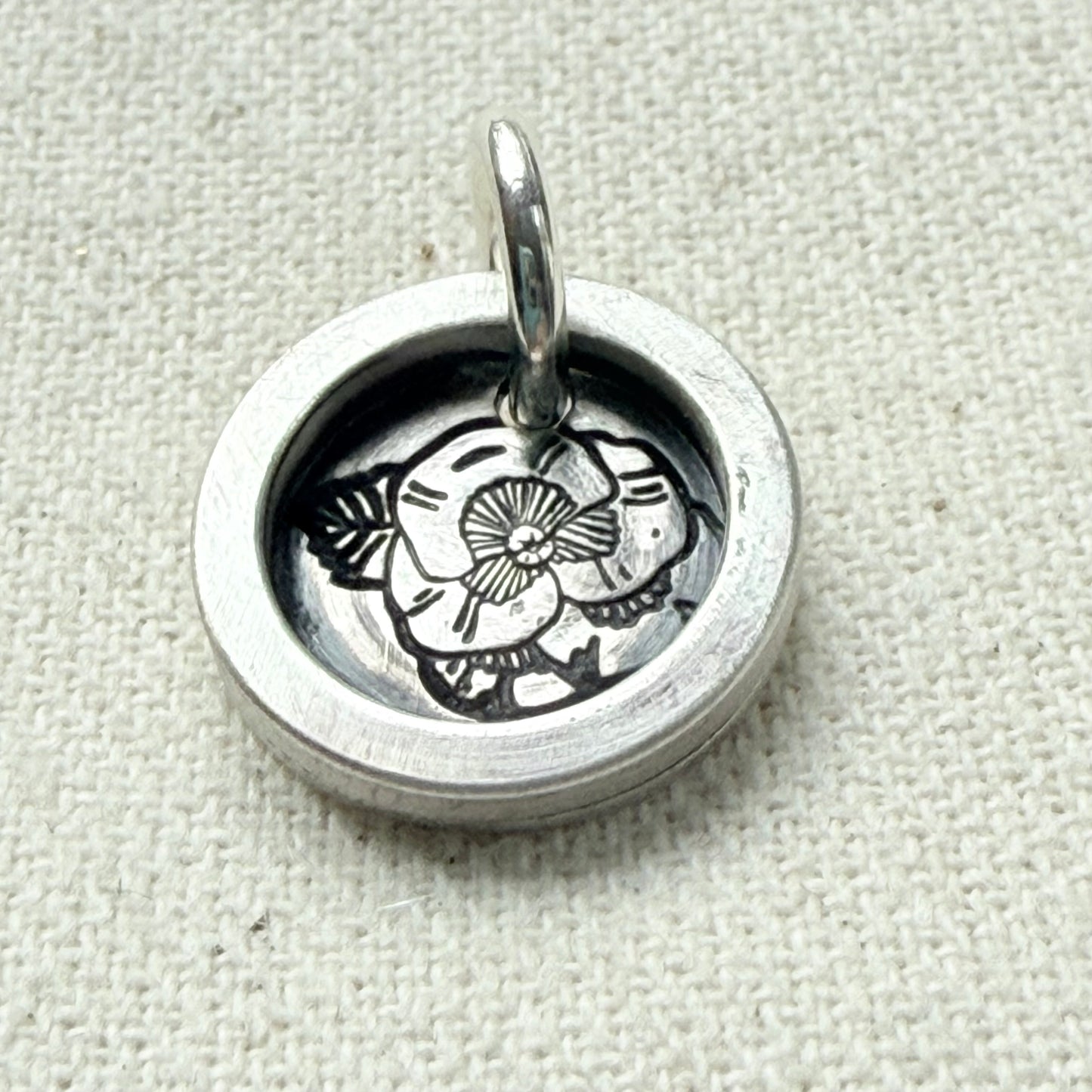 Violet Birth flower sterling silver wax seal style pendant with raised border hand crafted from sterling silver sheet and wire - drake designs jewelry